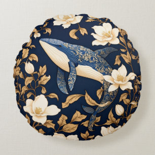 Elegante blauwe vinvis William Morris Geïnspireerd Rond Kussen