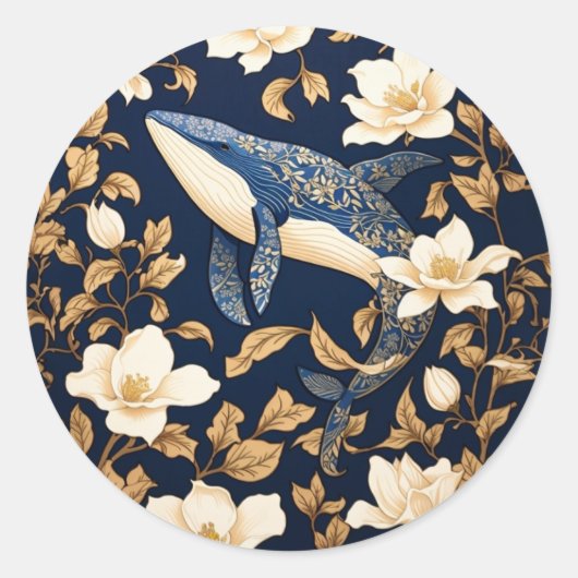 Elegante blauwe vinvis William Morris Geïnspireerd Ronde Sticker (Voorkant)