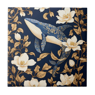 Elegante blauwe vinvis William Morris Geïnspireerd Tegeltje