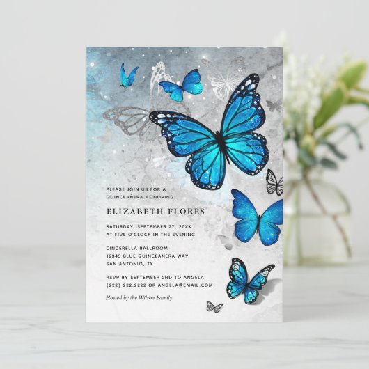 Elegante blauwe vlinder Assepoester Quinceanera Kaart (Staand voorkant)