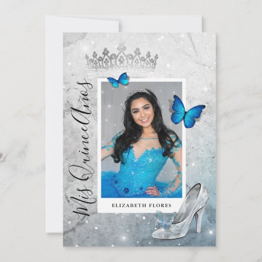 Elegante blauwe vlinder Assepoester Quinceanera Kaart (Achterkant)