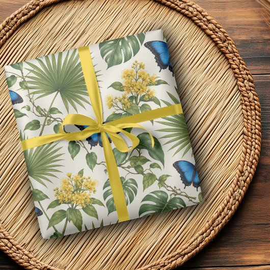 Elegante Blauwe Vlinder Botanische Wrap Cadeaupapier