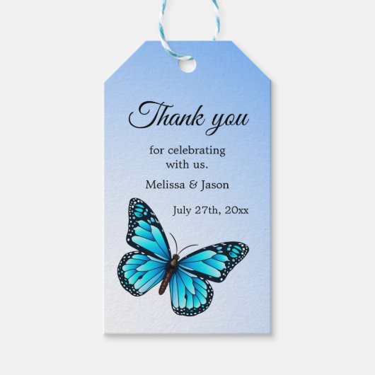 Elegante blauwe vlinder dank u cadeaulabel (Voorkant)