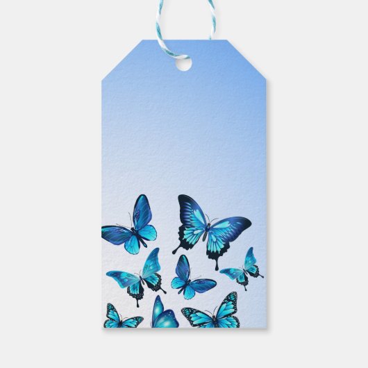 Elegante blauwe vlinder dank u cadeaulabel (Achterkant)