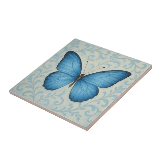 Elegante Blauwe Vlinder  Keramische Tegel Tegeltje (Zijkant)