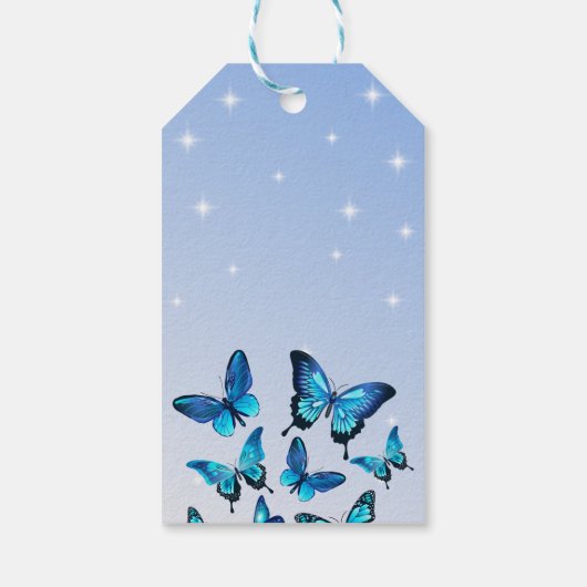 Elegante Blauwe Vlinder met Sparkle Cadeaulabel (Achterkant)
