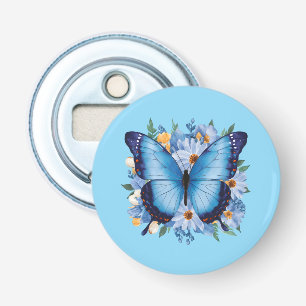 Elegante Blauwe Vlinder op Bloemen Button Flesopener