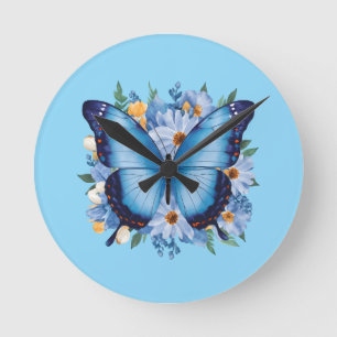 Elegante Blauwe Vlinder op Bloemen Ronde Klok