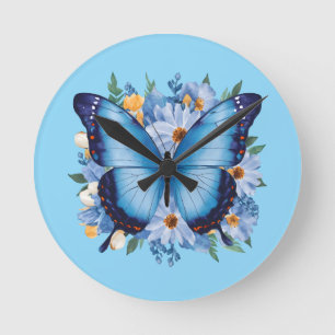 Elegante Blauwe Vlinder op Bloemen Ronde Klok