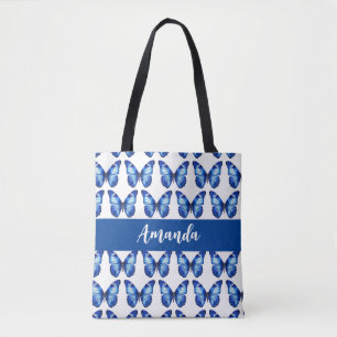 Elegante Blauwe Vlinder Patroon Naam Tote Bag