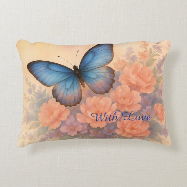 Elegante Blauwe Vlinder & Perzik Bloemen Waterverf Accent Kussen (Voorkant)