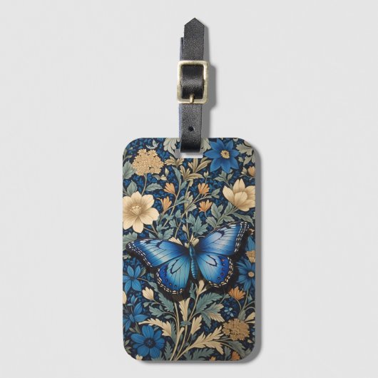 Elegante blauwe vlinder William Morris Geïnspireer Bagagelabel (Voorkant (verticaal))