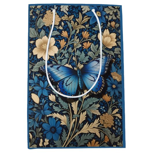 Elegante blauwe vlinder William Morris Geïnspireer Medium Cadeauzakje (Voorkant)