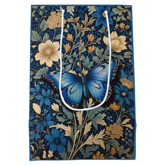Elegante blauwe vlinder William Morris Geïnspireer Medium Cadeauzakje (Achterkant)