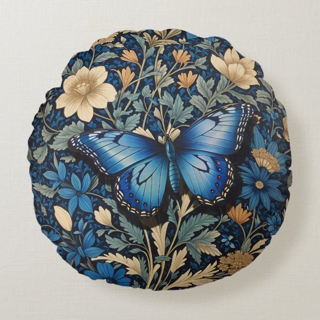 Elegante blauwe vlinder William Morris Geïnspireer Rond Kussen (Voorkant)