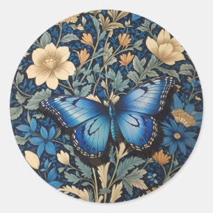 Elegante blauwe vlinder William Morris Geïnspireer Ronde Sticker