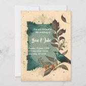 Elegante blauwe vogel en bloem bruiloft kaart (Voorkant)