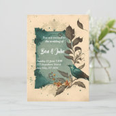 Elegante blauwe vogel en bloem bruiloft kaart (Staand voorkant)