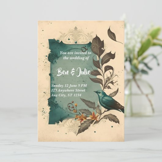 Elegante blauwe vogel en bloem bruiloft kaart (Staand voorkant)