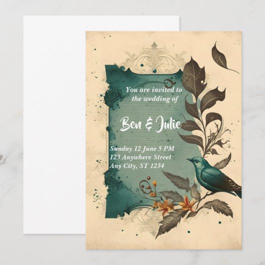 Elegante blauwe vogel en bloem bruiloft kaart (Voorkant / Achterkant)