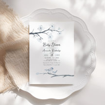 Elegante Blauwe Vogel en Kersenbloesem Baby Shower