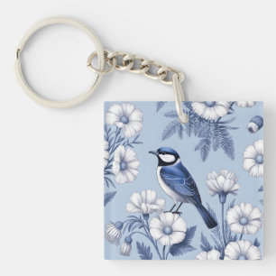 Elegante Blauwe Vogel en Wit Bloemmotief Sleutelhanger