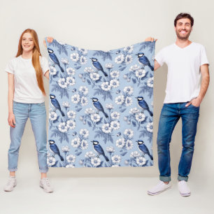 Elegante Blauwe Vogel en Wit Bloempatroon Fleece Deken