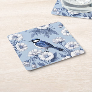 Elegante Blauwe Vogel en Wit Bloempatroon Kartonnen Onderzetters