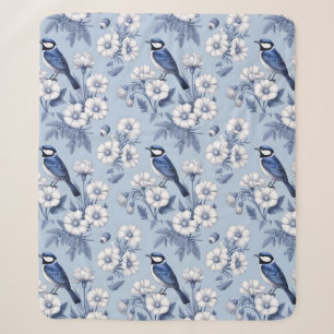 Elegante Blauwe Vogel en Wit Bloempatroon Sherpa Deken