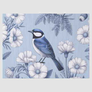 Elegante Blauwe Vogel en Witte Bloemmotief Tissuepapier