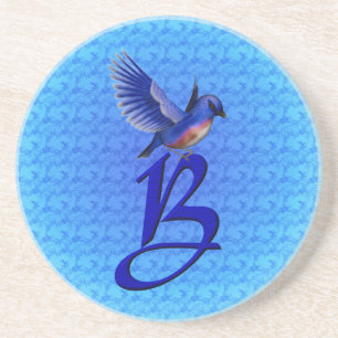 Elegante Blauwe Vogel Monogram Initiaal B Zandsteen Onderzetter