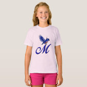 Elegante Blauwe Vogel Monogram Initiaal M T-shirt (Voorkant volledig)