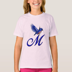 Elegante Blauwe Vogel Monogram Initiaal M T-shirt