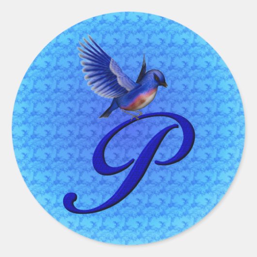 Elegante Blauwe Vogel Monogram Initiaal P Ronde Sticker (Voorkant)