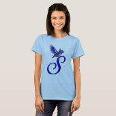 Elegante Blauwe Vogel Monogram Initiaal S T-shirt (Voorkant volledig)