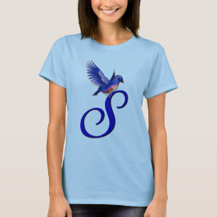 Elegante Blauwe Vogel Monogram Initiaal S T-shirt