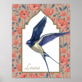 Elegante Blauwe Vogel Sparrow Poppies Custom Wall  Poster (Voorkant)