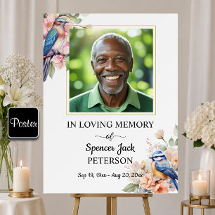 Elegante Blauwe Vogels Bloem Foto Funeral Poster