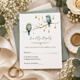 Elegante Blauwe Vogels Bos Botanische Trouwdag RSVP Kaartje