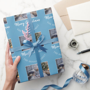 Elegante Blauwe Vrolijk Kerst Script Familie Foto  Cadeaupapier