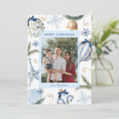 Elegante blauwe vrolijke kerstfoto kaart (Staand voorkant)