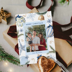 Elegante blauwe vrolijke kerstfoto kaart