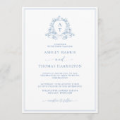 Elegante Blauwe Wapenschild Monogram Huwelijksuitn Kaart (Voorkant)