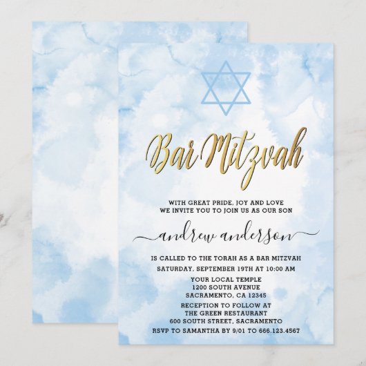 Elegante Blauwe Waterverf Bar Mitswa Kaart (Voorkant / Achterkant)