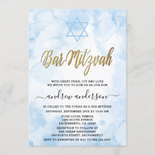 Elegante Blauwe Waterverf Bar Mitswa Kaart