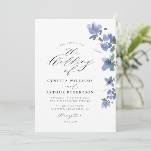 elegante blauwe waterverf bloei bruiloft kaart (Staand voorkant)