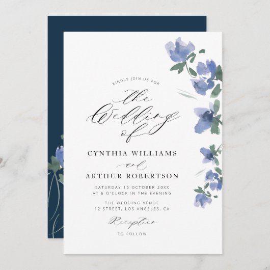 elegante blauwe waterverf bloei bruiloft kaart (Voorkant / Achterkant)