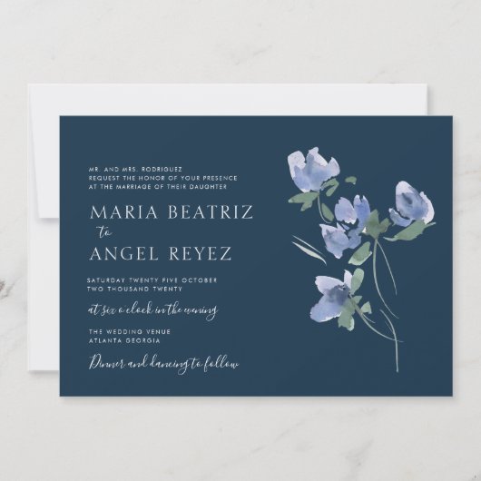 elegante blauwe waterverf bloei bruiloft uitnodigi kaart (Voorkant)