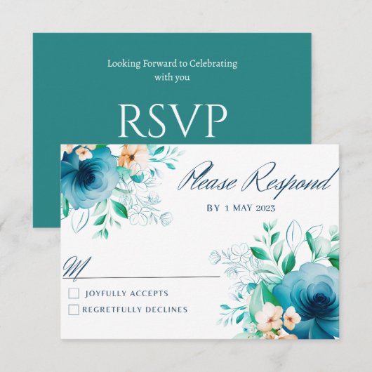 Elegante Blauwe Waterverf Bloem Bruiloft RSVP-kaar RSVP Kaartje (Voorkant / Achterkant)