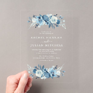 Elegante blauwe waterverf bloemen bruiloft acryl uitnodigingen